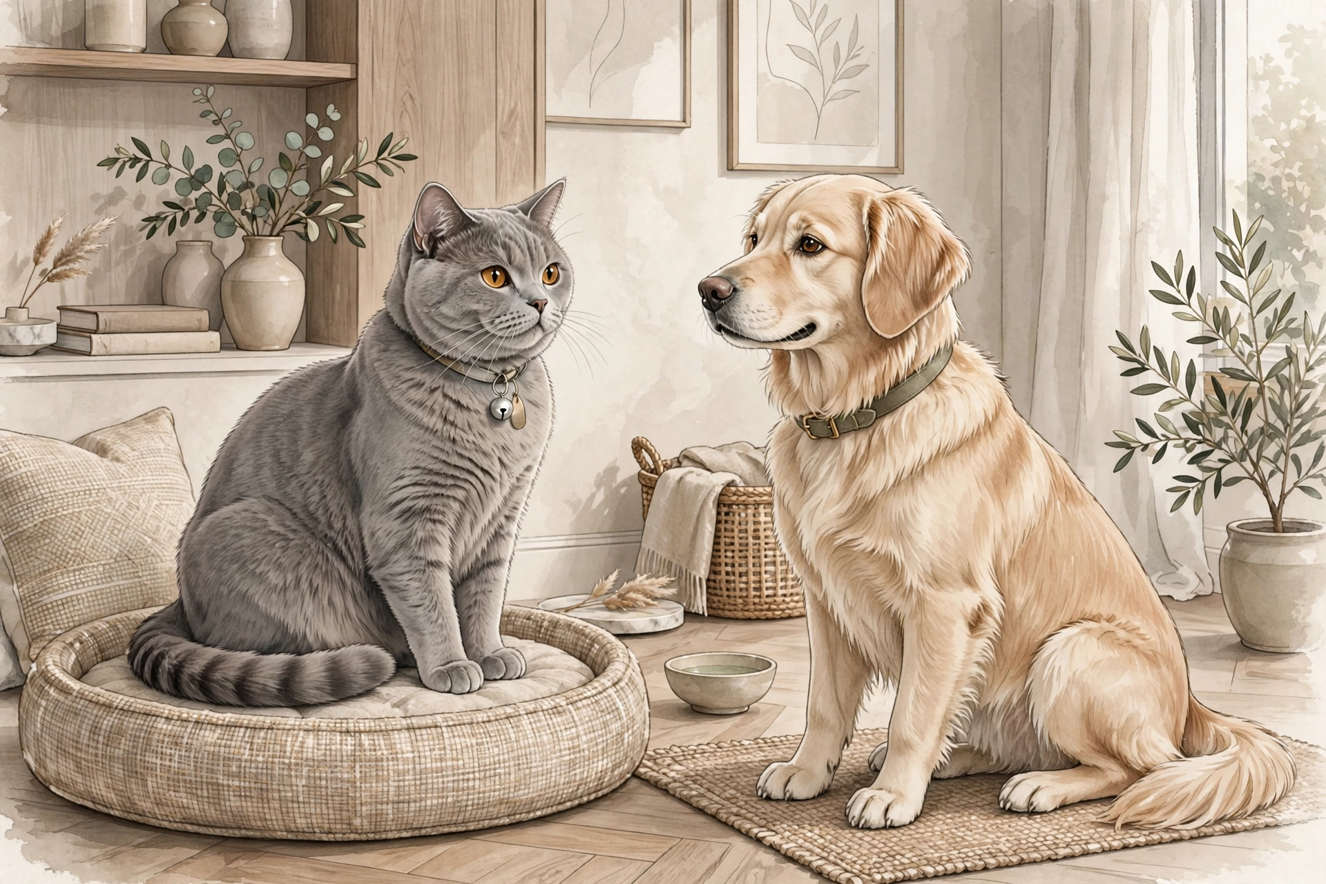 Calm cat and dog meeting